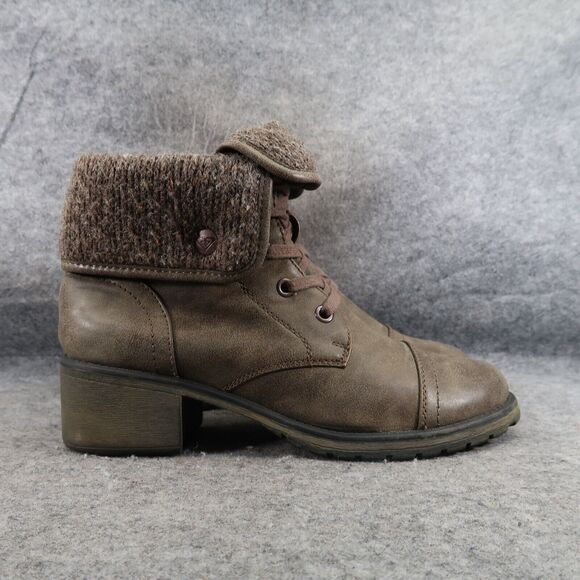 Roxy Shoes Womens 9.5 Bootie Lace Up Block Heel Fold Over Cap Toe Casual Taupe - Picture 2 of 16